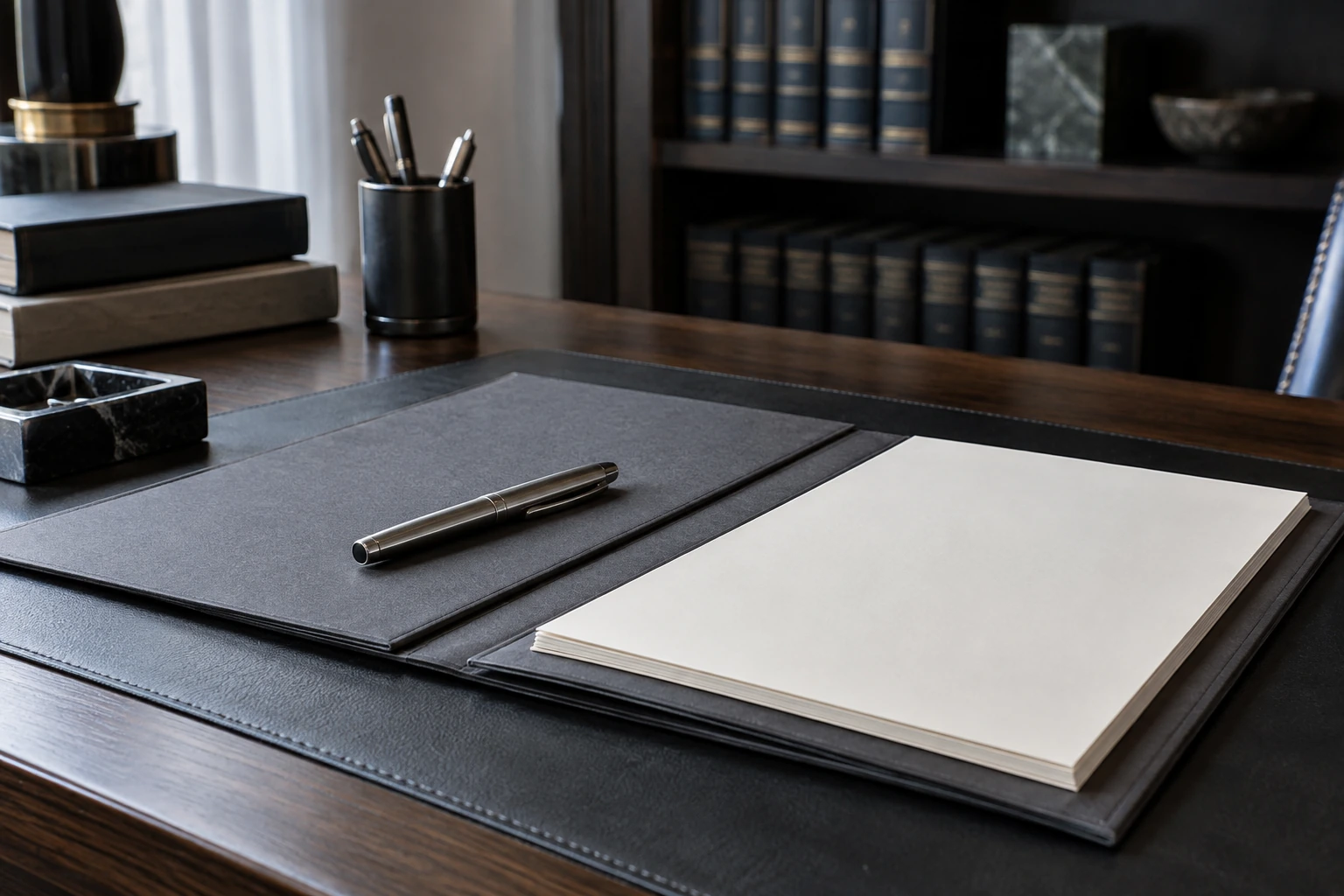 Documentos jurídicos y materiales de consulta sobre un escritorio. Composición editorial ilustrativa.