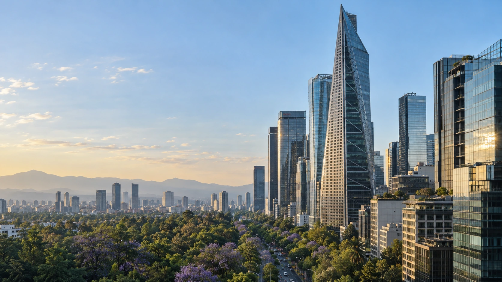 Composición editorial generada inspirada en Paseo de la Reforma y la arquitectura empresarial de Ciudad de México.