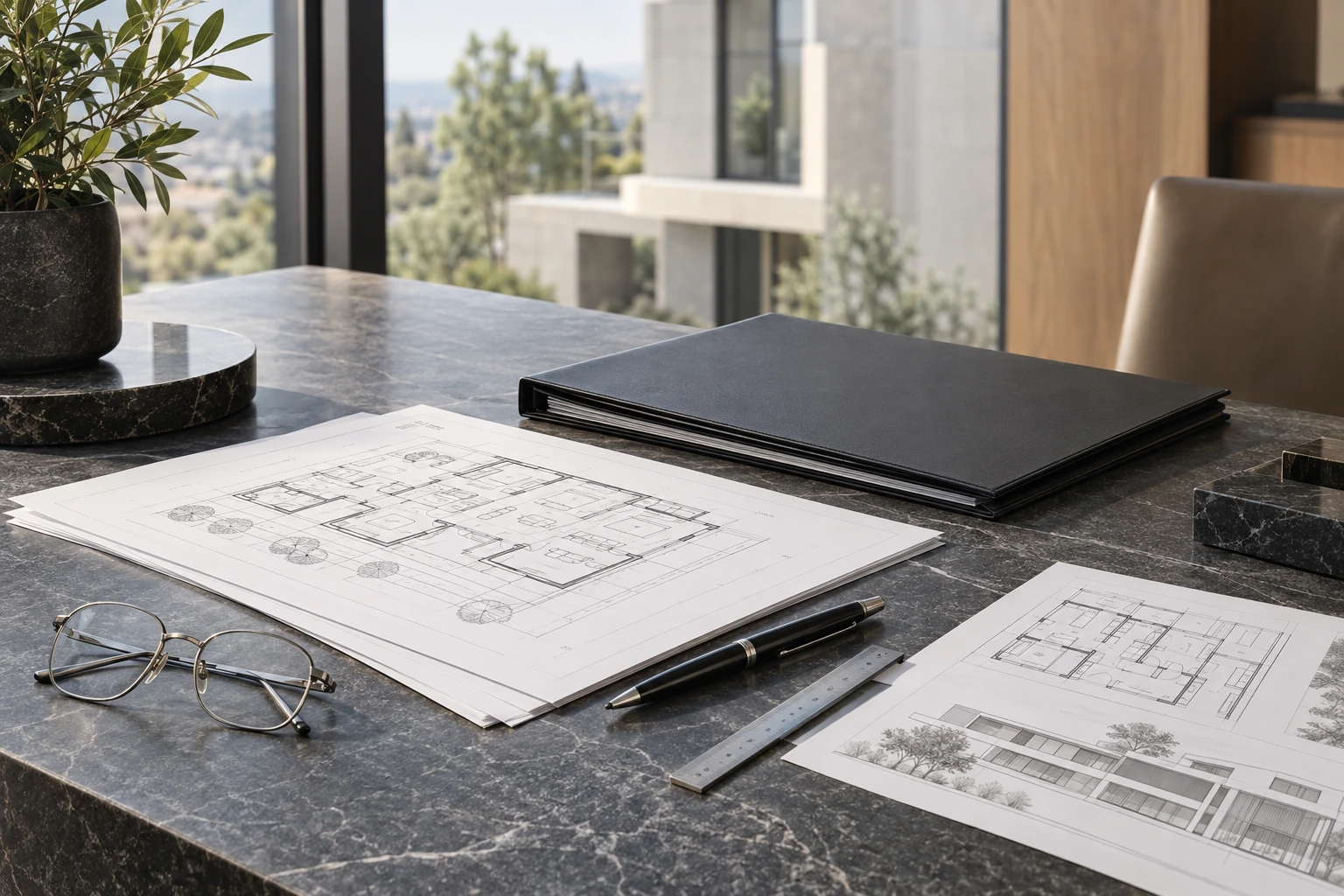 Planos y documentos de una operación inmobiliaria sobre una mesa. Composición editorial ilustrativa.