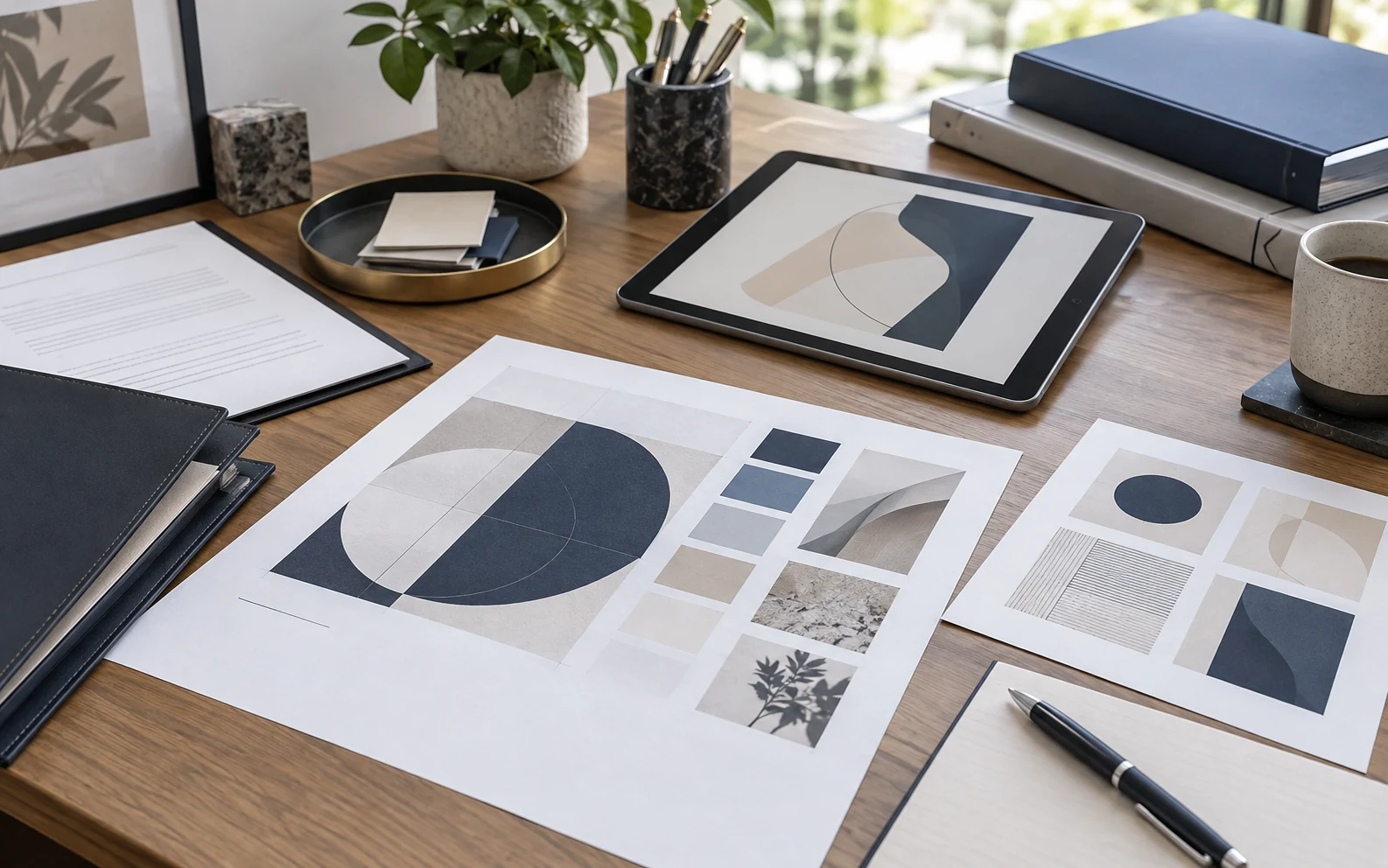 Material de diseño y documentación como contexto de marcas y derechos de autor. Escena ilustrativa.